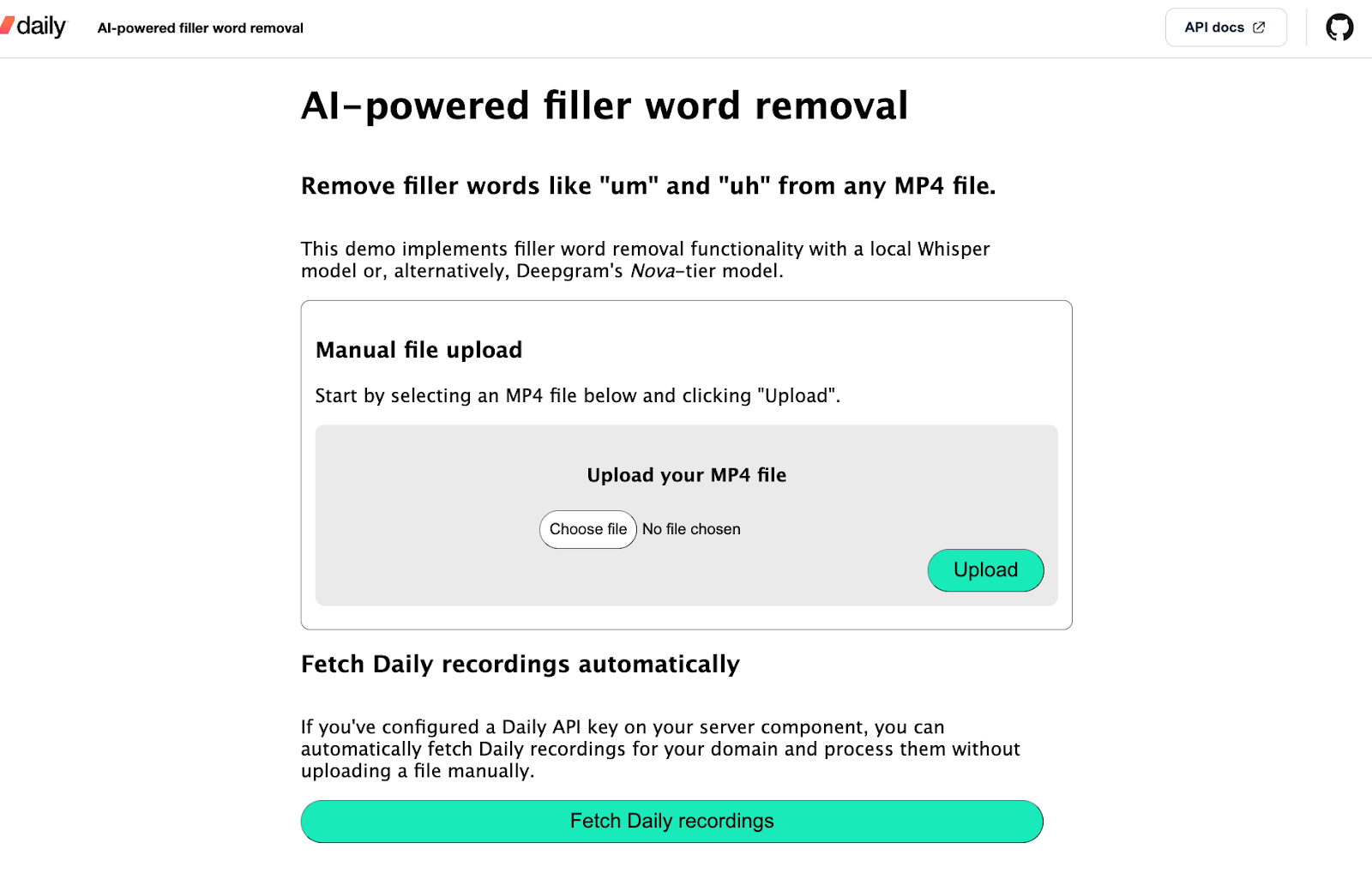 A webpage with a video upload form and a Daily recording-fetch button